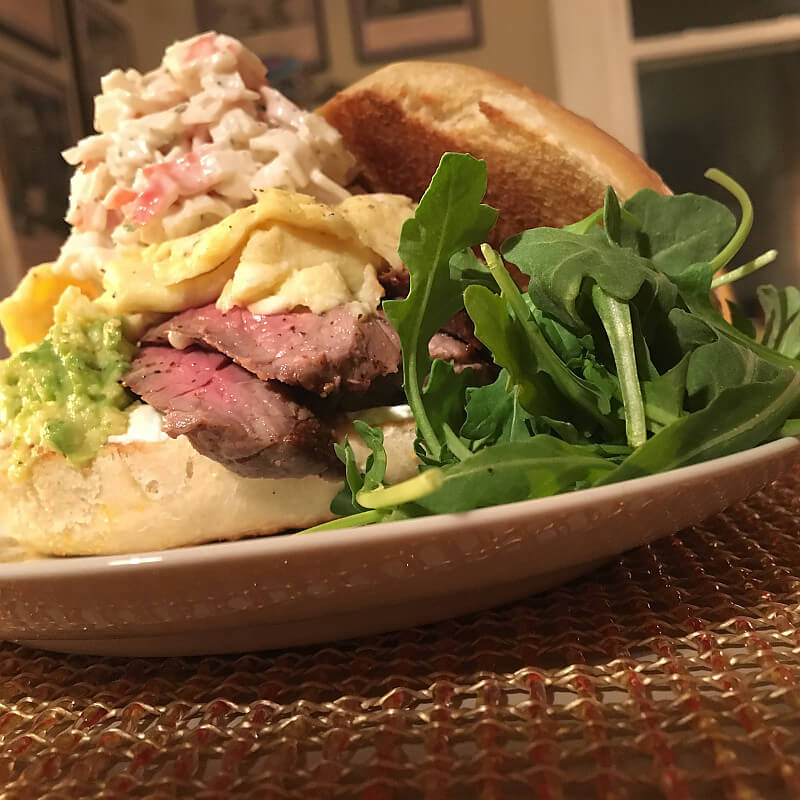 Steak, Egg and Crab Breakfast Bagel